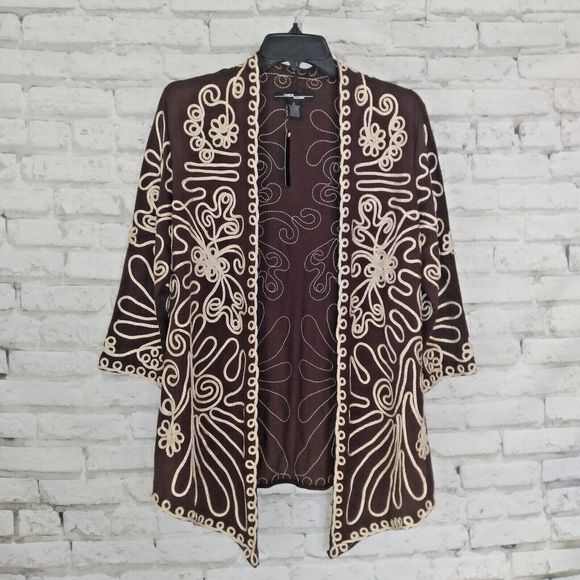 Once Again Open Front Cardigan Womens Small Brown Gold Ribbon Boho Elegant Artsy - Picture 1 of 11